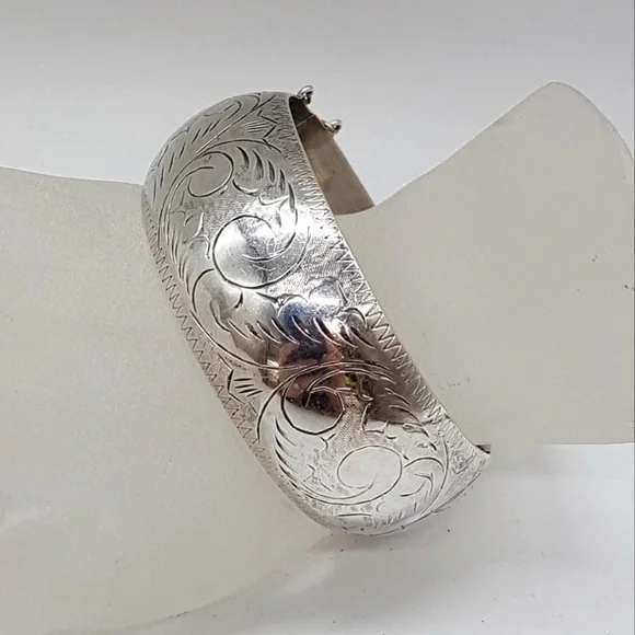 Antique Victorian/Art Deco Etched Sterling Bangle w/ Clasp - Picture 14 of 15
